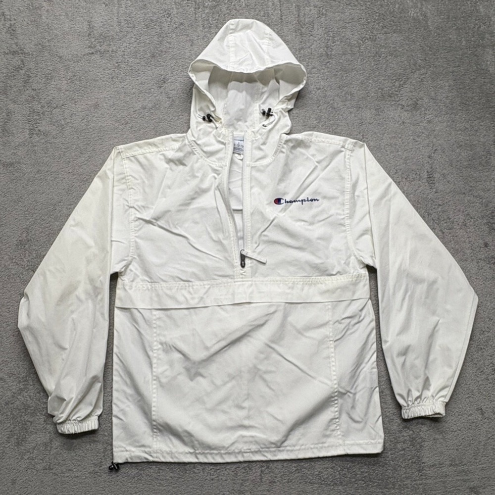 Champion Half 1/2 Zip Pullover Hooded Windbreaker Jacket Mens Small White 1945